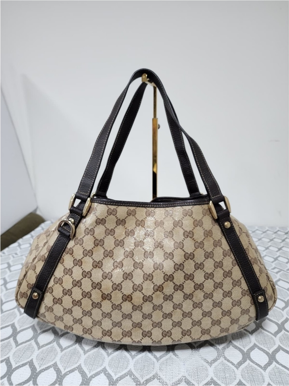 GUCCI Crystal Monogram Medium Abbey Shoulder Bag Dark Brown/Beige